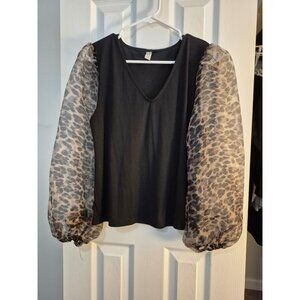 Womens Blouse with Sheer Leopard Print Sleeves, Small
